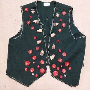 Vtg 90s Marisa Wool Button Christmas Sweater Vest Santas Petite Lg Lambs wool